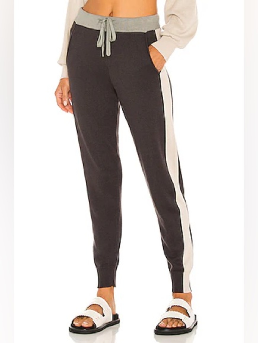 MONROW Colorblock Sporty Jogger Sweats in Faded Black, Bone & Gunmetal XS $169